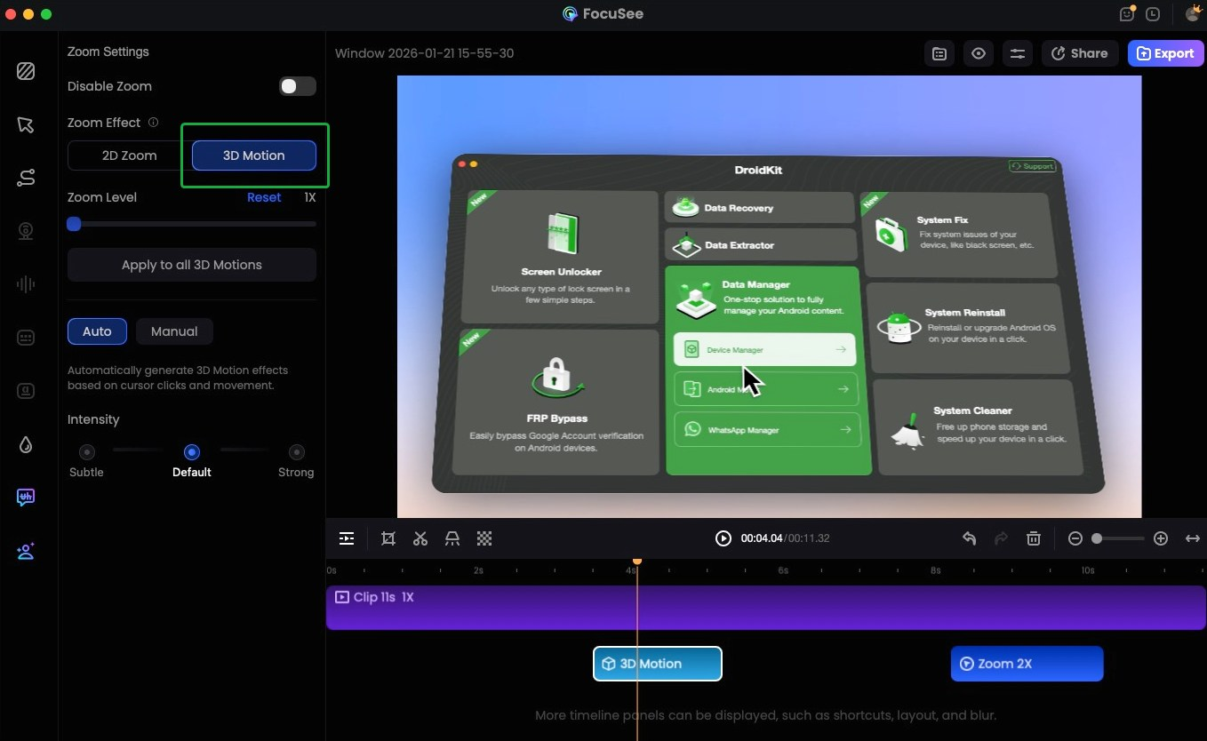 Choose 2D Zoom Clip and Click 3D Motion