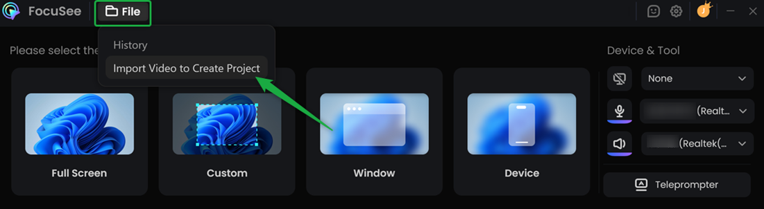 Choose the Import Video to Create Project Option