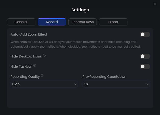 Screen Recording Shortcut Keys Settings Interface