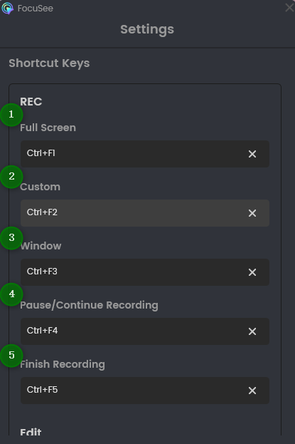 Screen Recording Shortcut Keys Settings Interface