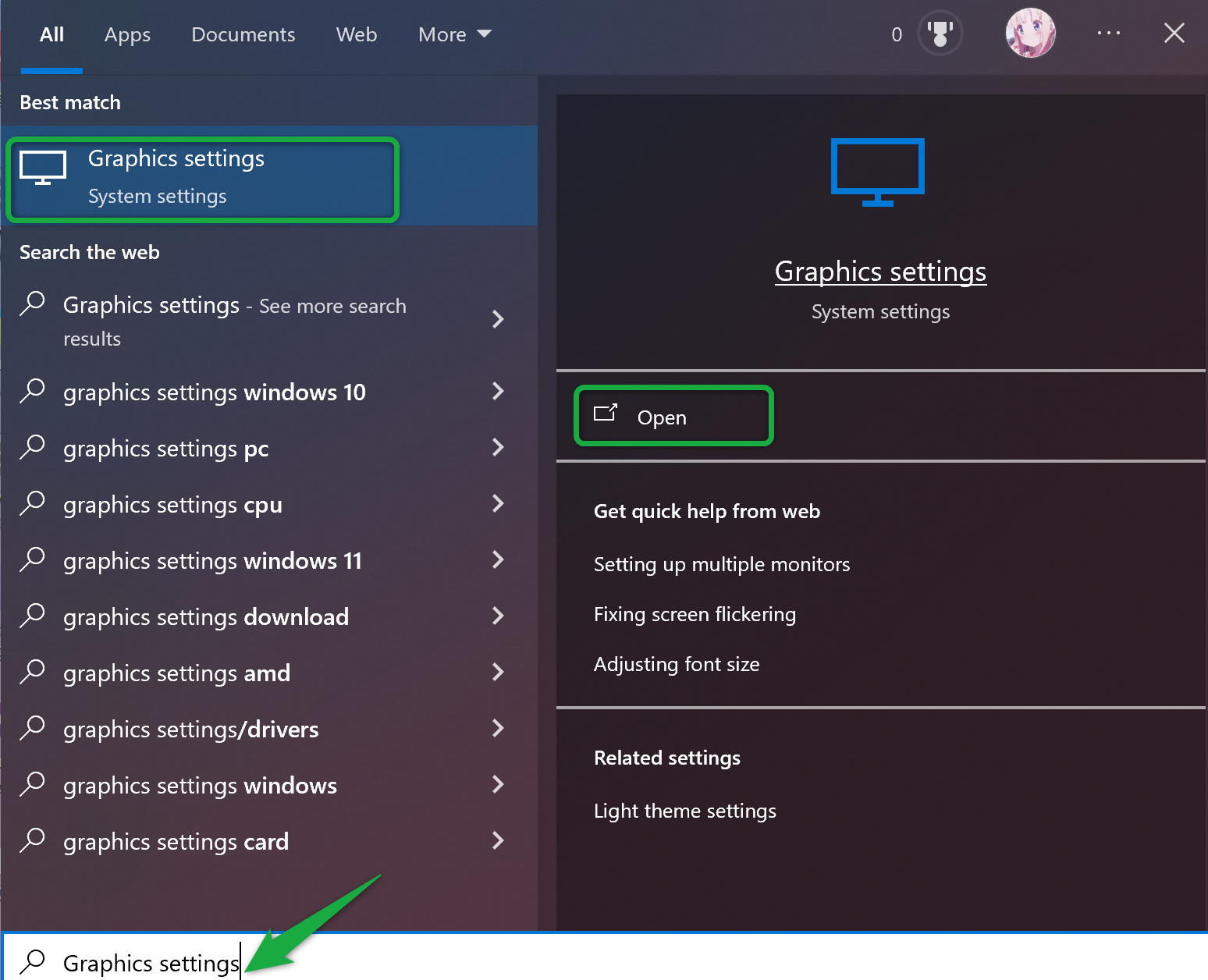 Open Graphics settings