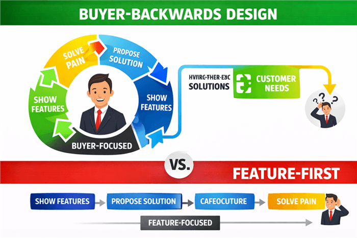 Buyer-Backwards Design vs Feature-First linear line