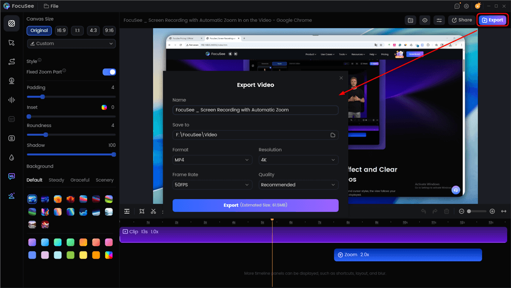 Click the Export Button